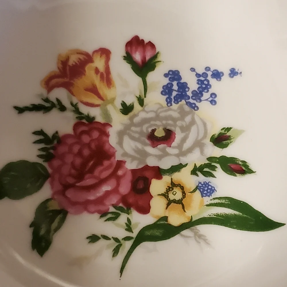 Vintage serving bowl with flowers, gold trim and holographic glaze trim